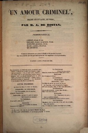 Un amour criminel, drame en un acte, en vers, par M. A. de Rostan
