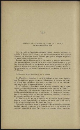 VIII - Sesión de la Cámara de Diputados de la Nación de diciembre 10 de 1894