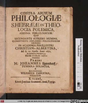 Contra Abusum Philologiae S. Hebraeae In Theologia Polemica. Askēma Philologicum