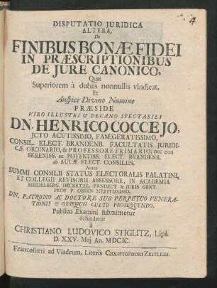Disputatio Iuridica Altera, De Finibus Bonæ Fidei In Præscriptionibus De Iure Canonico