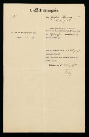 Sittenzeugnis. Tübingen, 05.03.1902.