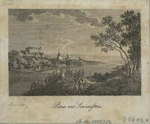 Ansicht von Pirna, Litho, um 1840? : Pirna und Sonnenstein. - [S.l.] , [um 1840?]. - 1 Kunstbl. : Lith. ; 10 x 7 cm