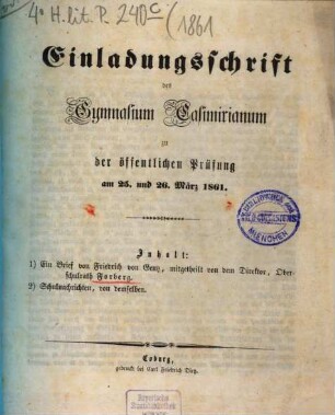 Einladungsschrift des Gymnasium Casimirianum zu Coburg zur Schlußfeier. 1861