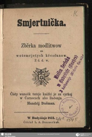 Smjertnička : Zběrka modlitwow za wotemrjetych křesćanow