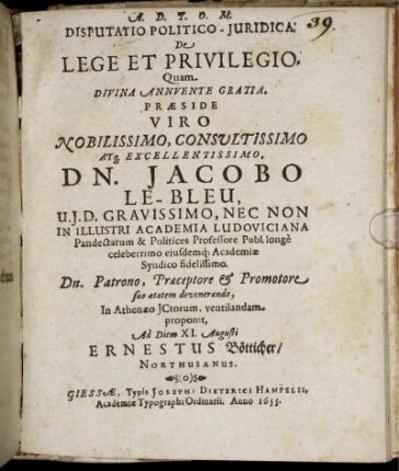 Disputatio Politico-Iuridica, De Lege Et Privilegio
