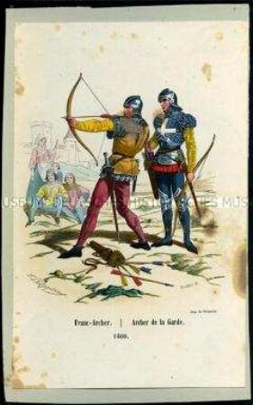 Uniformdarstellung, Bogenschütze der Volkswehr und Bogenschütze der Garde beim Zielschießen, Frankreich, 1460.