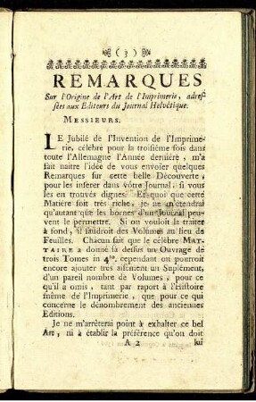 Remarques sur l'Origine de l'Art de l'Imprimerie, adressées aux Editeurs du Journal Helvétique.