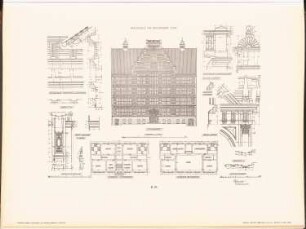 Realschule am Schleswiger Ufer, Berlin: Grundriss EG, 3.OG, Ansicht von der Straßenseite, Details (aus: Neubauten der Stadt Berlin, Bd. III, 1904)