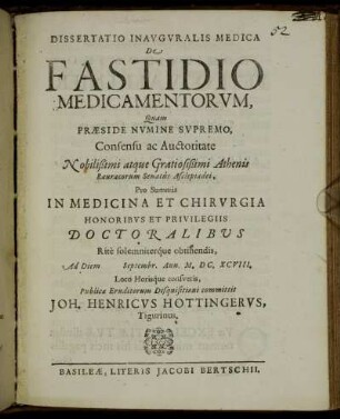 Dissertatio Inauguralis Medica De Fastidio Medicamentorum