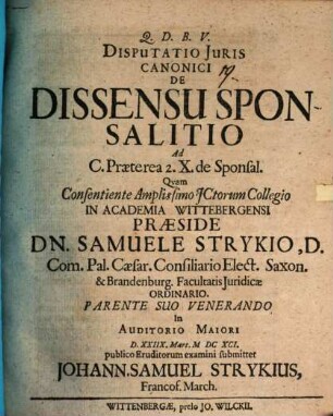 Disp. iur. can. de dissensu sponsalitio