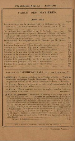Table des matières. Aout 1882.