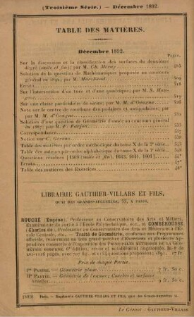 Table des matières. Décembre 1892.