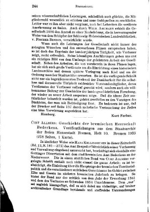 Allmers, Curt :: Geschichte der bremischen Herrschaft Bederkesa, (Veröffentlichungen aus dem Staatsarchiv der freien Hansestadt Bremen, 10) : Bremen, 1933