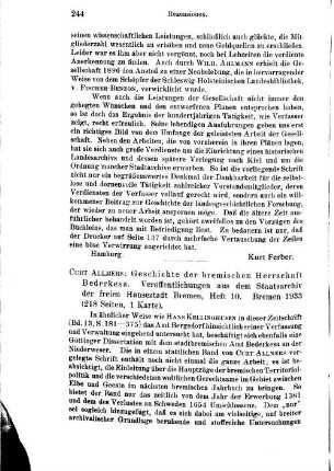 Allmers, Curt :: Geschichte der bremischen Herrschaft Bederkesa, (Veröffentlichungen aus dem Staatsarchiv der freien Hansestadt Bremen, 10) : Bremen, 1933
