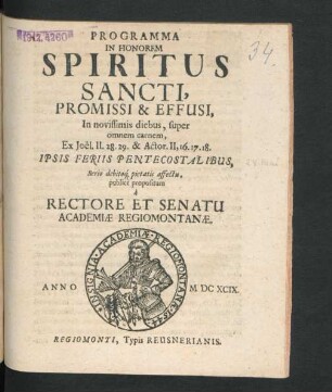 Programma In Honorem Spiritus Sancti, Promissi & Effusi, In novissimis diebus, super omnem carnem : Ex Joël. II. 28. 29. & Actor. II, 16. 17. 18.