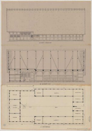 Ummeln (Kreis Bielefeld): Hof Meier. Haupthaus (Grundriss, Westansicht, Längsschnitt)
