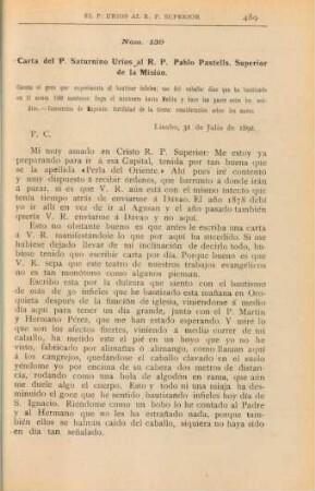 Núm. 139. Carta del P. Saturnino Úrios al R. P. Pablo Pastells, Superior de la Misión