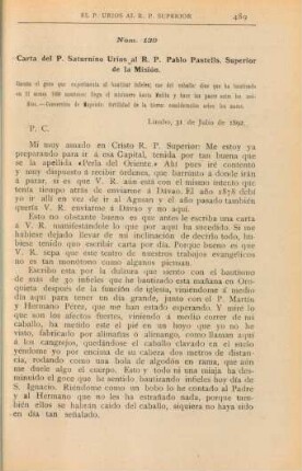 Núm. 139. Carta del P. Saturnino Úrios al R. P. Pablo Pastells, Superior de la Misión