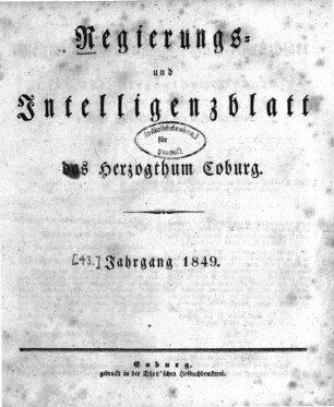 Regierungs- und Intelligenzblatt für das Herzogtum Coburg. 1849
