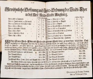 Gewöhnliche Oeffnung und Spörr-Ordnung der Stadt-Thor in deß Heil. Reichs-Stadt Augspurg : [Decretum in Senatu Secret. den 14ten Februarii 1732]