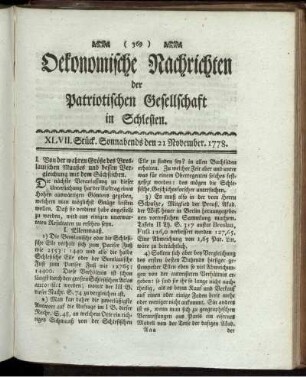XLVII. Stück. Sonnabends den 21 November. 1778.