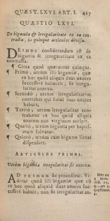 Quaestio LXVI. De bigamia & irregularitate ex ea contracta, in quinque articulos divisa.