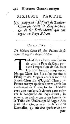 Chapitre I. De Halaku-Chan & des Princes de sa posterité jusqu'à Abusait-Chan