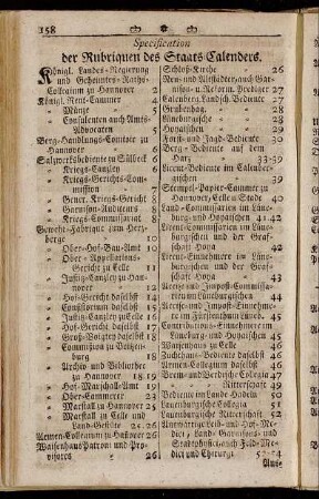 Specification der Rubriquen des Staats-Calenders.