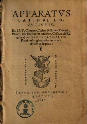 Apparatus latinae locutionis ex M. T. Cicerone, Caesare, Sallustio, Terentio, Plauto, ad Herennium, Asconio, Celso, ac de re rustica