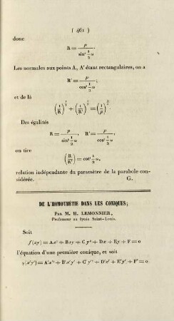 De l'homothétie dans les coniques.