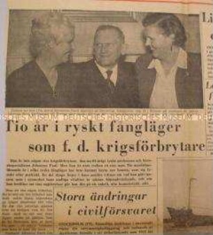 Zeitung "Ostra Smaland" mit Beitrag über die Rückkehr von Johannes Paul aus russischer Kriegsgefangenschaft; Kalmar, 1. Dez. 1955
