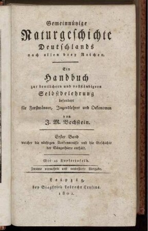 Bd 1, [Abth. 1]: Gemeinnützige Naturgeschichte Deutschlands nach allen drey Reichen. Bd 1, [Abth. 1]