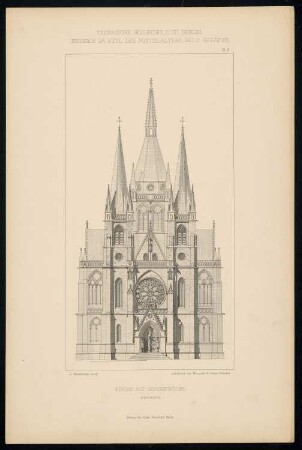 Kirche mit Grabgewölbe: Westseite (aus: C. Schäfer, Die Bauhütte, Entwürfe im Stile des Mittelalters, 1. Bd., 1883, Tafel 8)