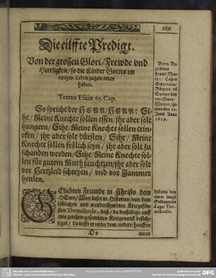 Die eilffte Predigt. Von der grossen Glori, Frewde und Herrligkeit, so die Kinder Gottes im ewigen Leben zugewarten haben