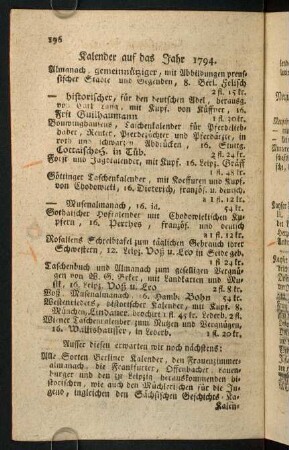 196-197, Kalender auf das Jahr 1794.
