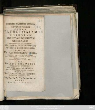Specimen Inavgvrale Medicvm, Sistens Qvaedam Circa Pathologiam Morborvm Contagiosorvm Generalem