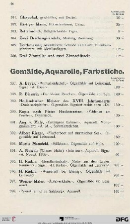 Gemälde, Aquarelle, Farbstiche (Nr. 387-428)