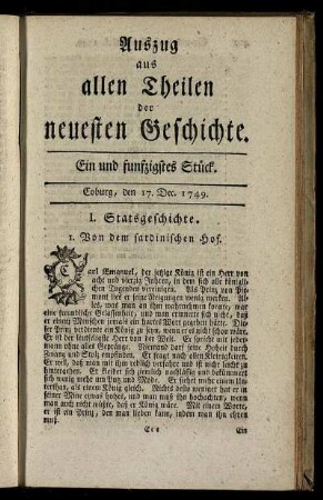 Ein und funfzigstes Stück. Coburg, den 17. Dec. 1749.