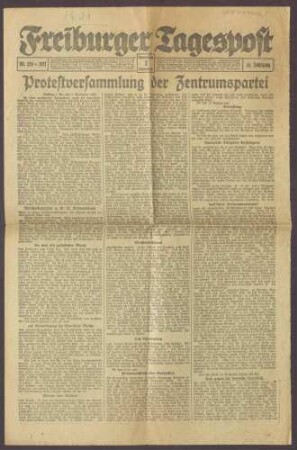 Zeitungsausschnitt aus der Freiburger Tagespost: "Protestversammlung der Zentrumspartei"