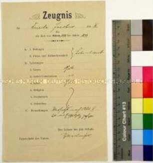 Religionszeugnis einer jüdischen Schule für Ostern 1898 bis 1899