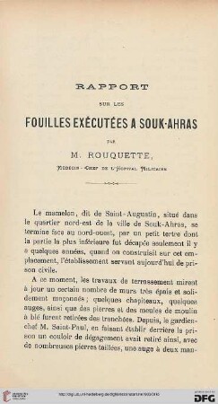Sér. 4: Rapport sur les fouilles exécutées à Souk-Ahras
