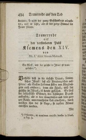 Trauerrede auf den verstorbenen Pabst Klemens den XIV.