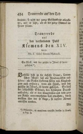 Trauerrede auf den verstorbenen Pabst Klemens den XIV.
