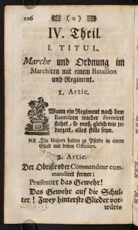 106-112, I. Titul. Marche und Ordnung im Marchiren mit einem Bataillon und Regiment.
