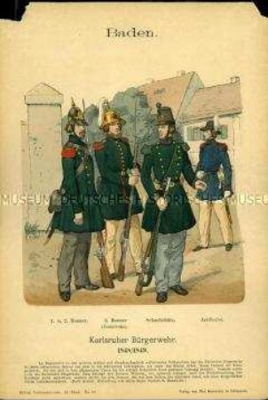 Uniformdarstellung, Infanteristen, Scharfschütze und Artillerist der Karlsruher Bürgerwehr, Großherzogtum Baden, 1848/1849.