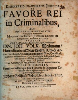 Dissertatio inauguralis juridica de favore rei in criminalibus