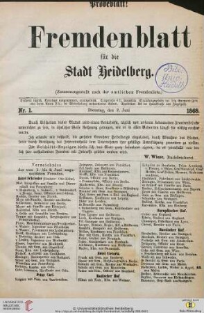 Fremdenblatt für die Stadt Heidelberg: amtliches Verzeichnis der hier eintreffenden anwesenden Fremden