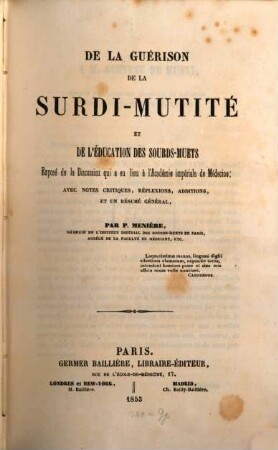 De la guérison de la surdimutité et de l'éducation des sourds-muets