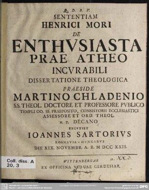 Sententiam Henrici Mori De Enthusiasta Prae Atheo Incurabili Dissertatione Theologica
