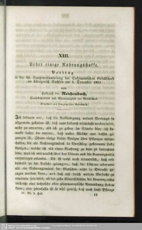 XIII. Ueber einige Nahrungsstoffe. : Vortrag in der 65. Hauptversammlung der Oekonomischen Gesellschaft im Königreich Sachsen am 3. December 1851